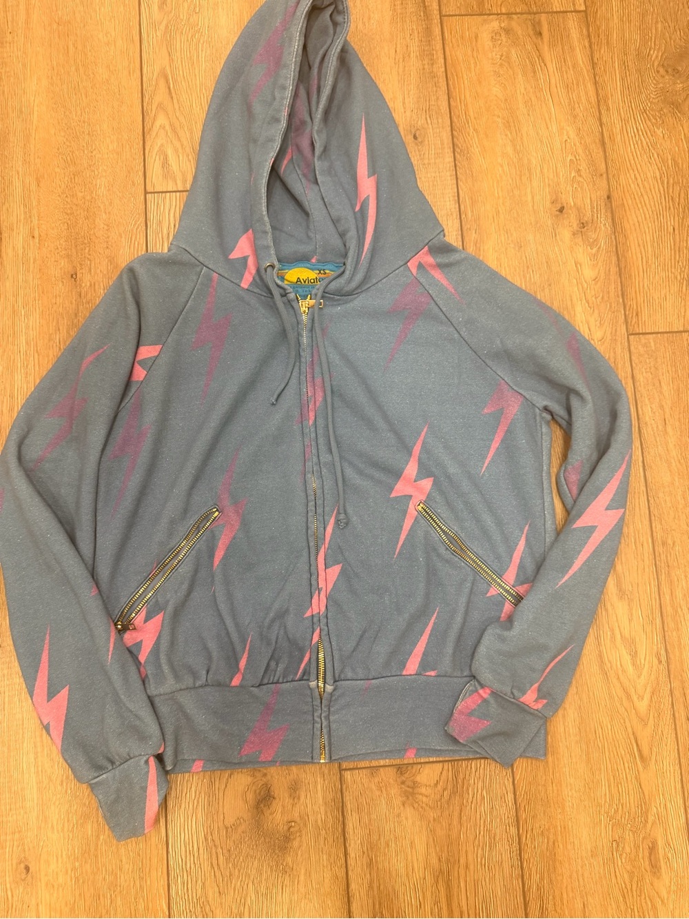 Aviator Nation bolt repeat Blue Hoodie with Pink Lightning Print - Picture 2 of 5